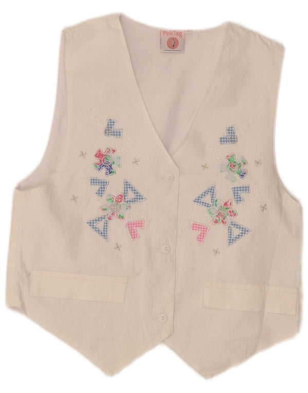 Gilet grafico da donna vintage UK 12 Cotone floreale bianco medio