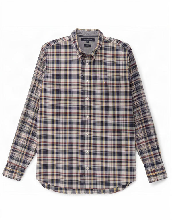 Tommy Hilfiger Mens Custom Fit Shirt Large Navy Blue Plaid Cotton