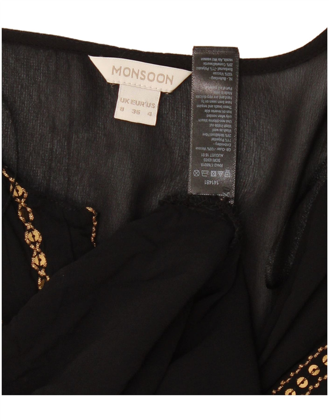 MONSOON Camicetta a maniche lunghe da donna UK 8 piccola viscosa nera