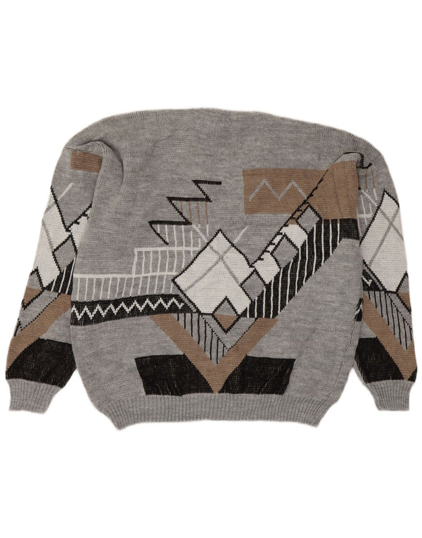 Maglione vintage da uomo con scollo a V, grande acrilico geometrico grigio