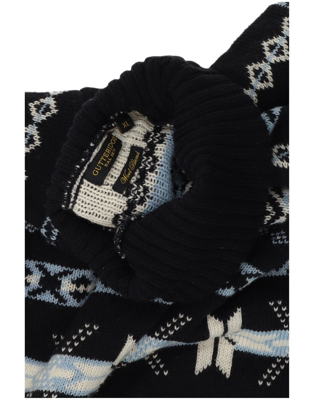 GUTTERIDGE Maglione da uomo con collo alto e maglione XL in lana Fair Isle blu navy