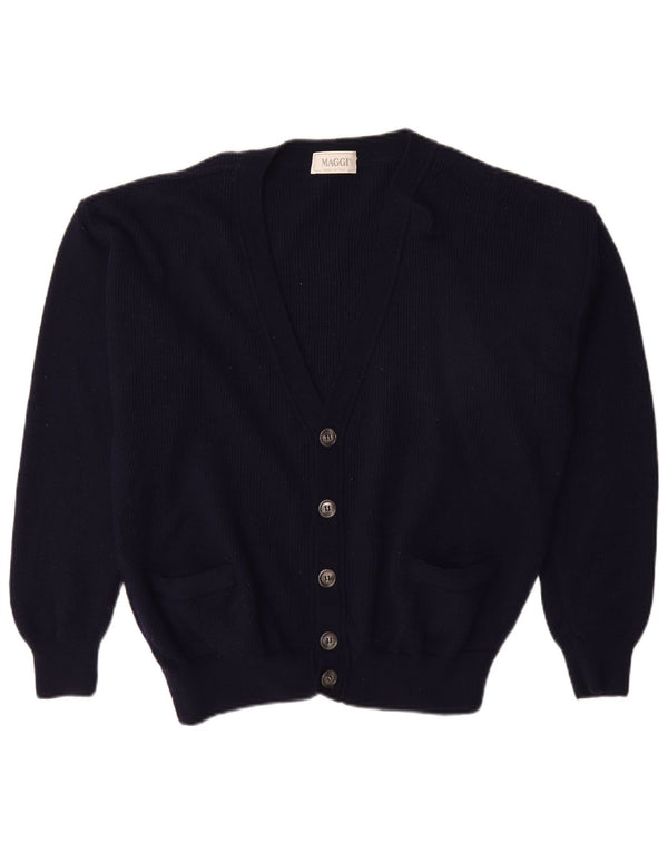 Maglione cardigan da uomo VINTAGE medio blu navy in lana vergine