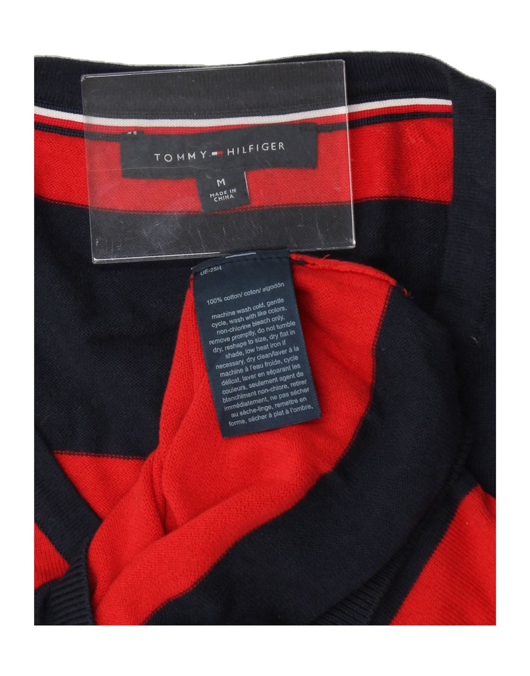 TOMMY HILFIGER Womens V-Neck Jumper Sweater UK 14 Medium Red Striped Vintage Tommy Hilfiger and Second-Hand Tommy Hilfiger from Messina Hembry 