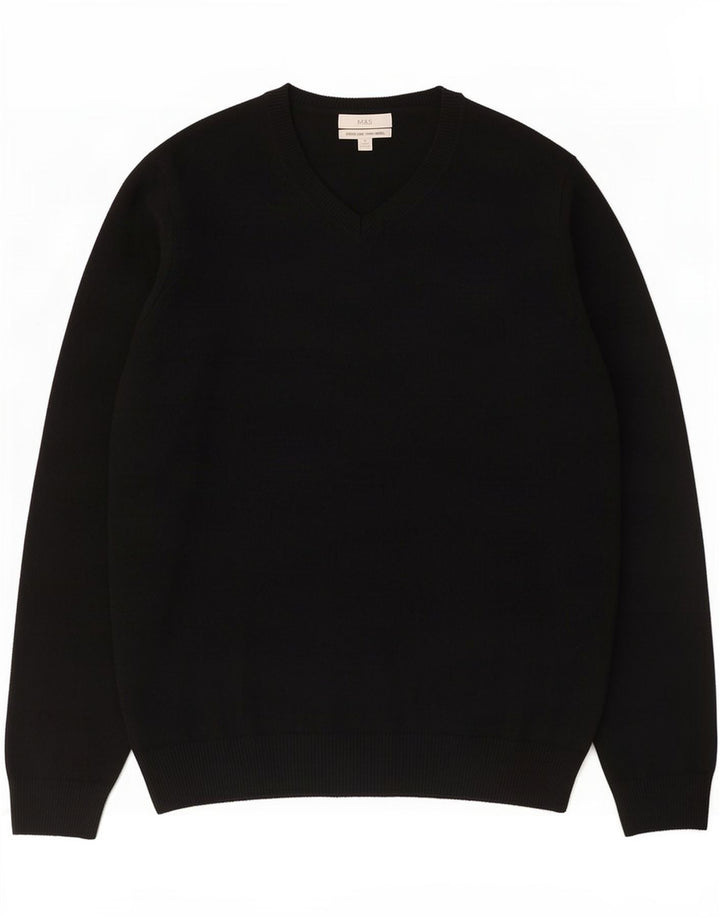 Maglione da uomo Marks & Spencer con scollo a V XL in lana d'agnello nera