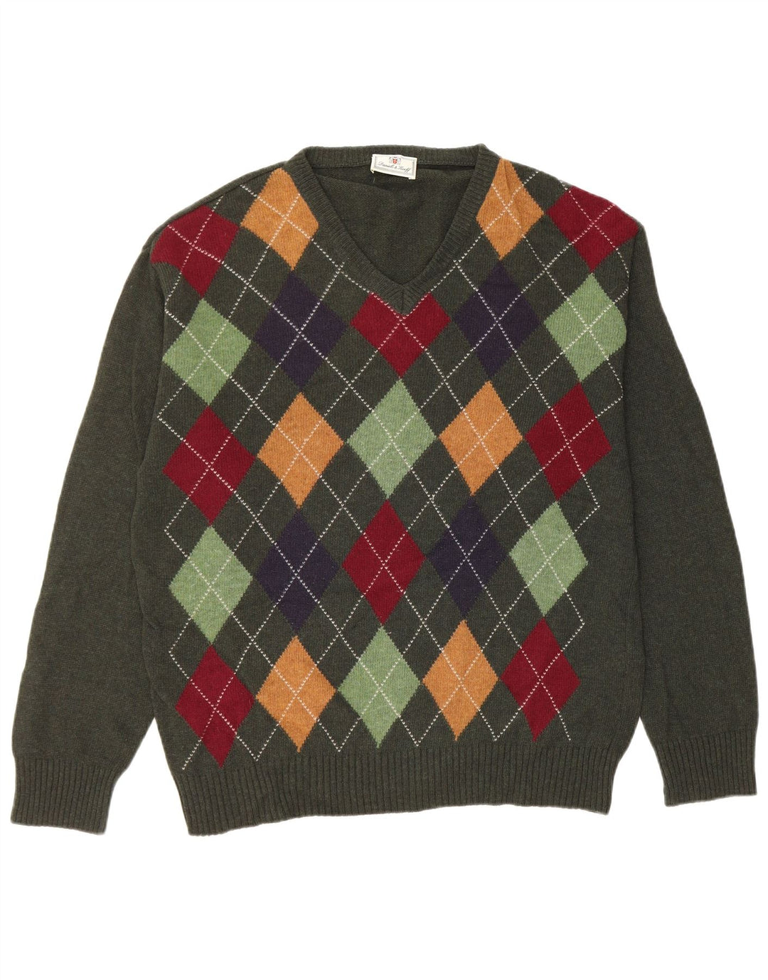 Maglione da uomo VINTAGE con scollo a V, lana vergine verde medio a rombi/diamante