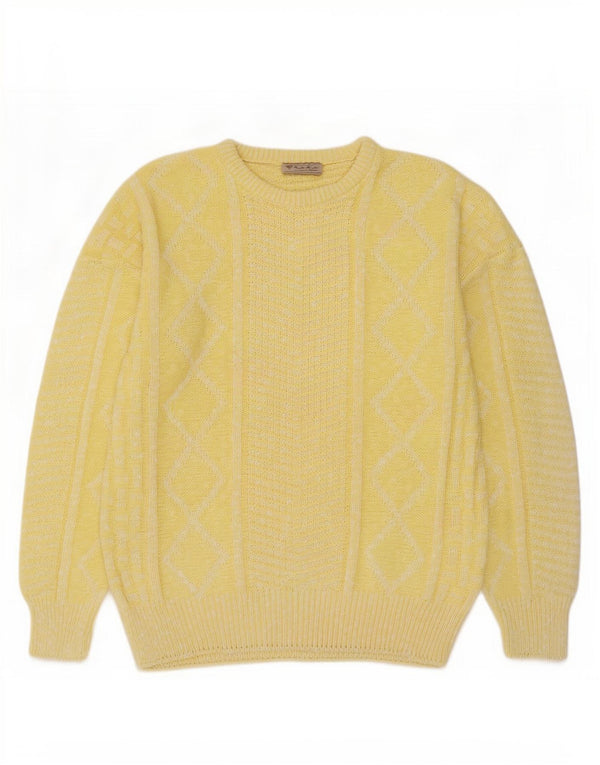 Maglione maglione girocollo da uomo vintage IT 52 grande cotone geometrico giallo