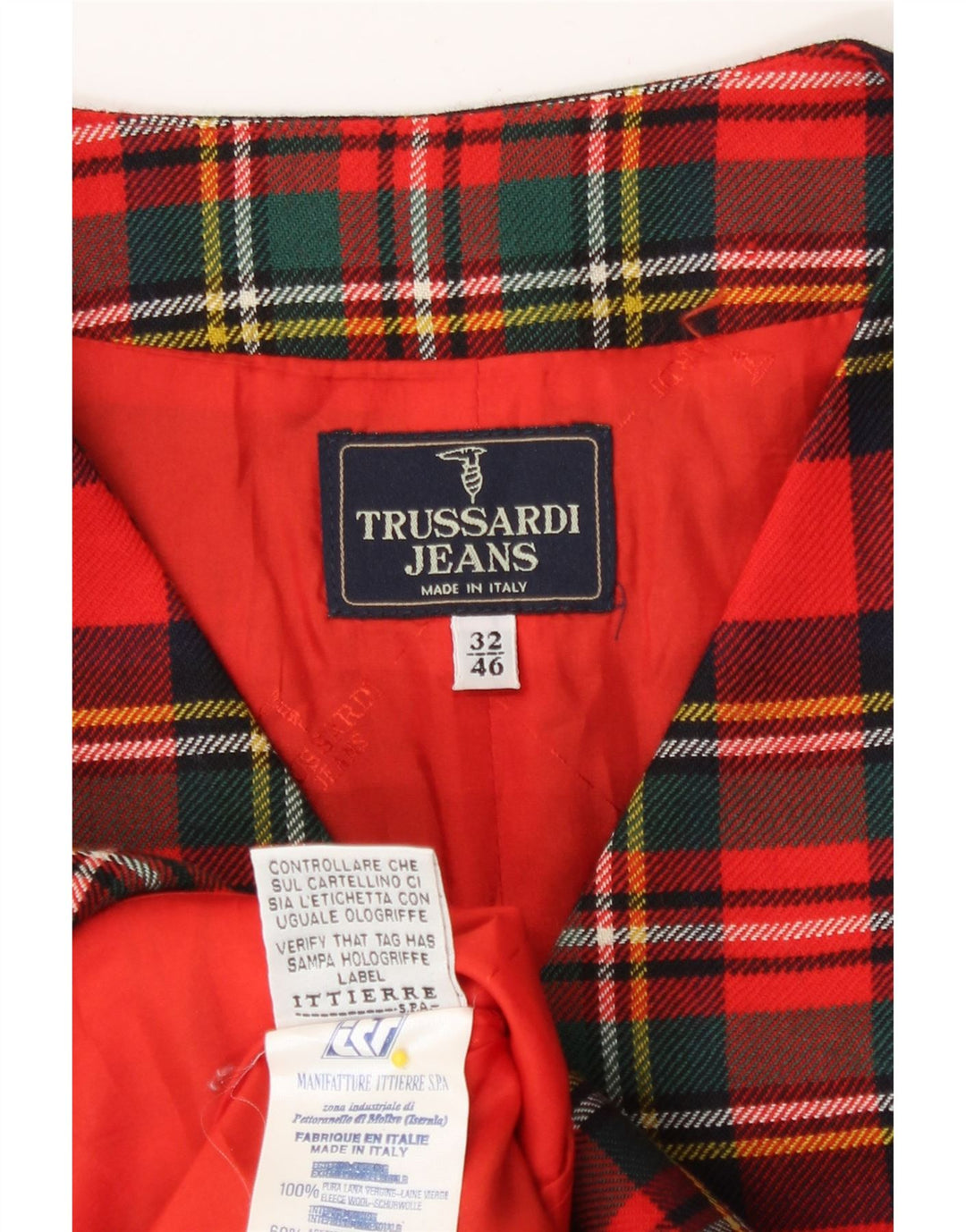 Gilet Lungo Donna Trussardi IT 46 Large Plaid Rosso in Lana Vergine