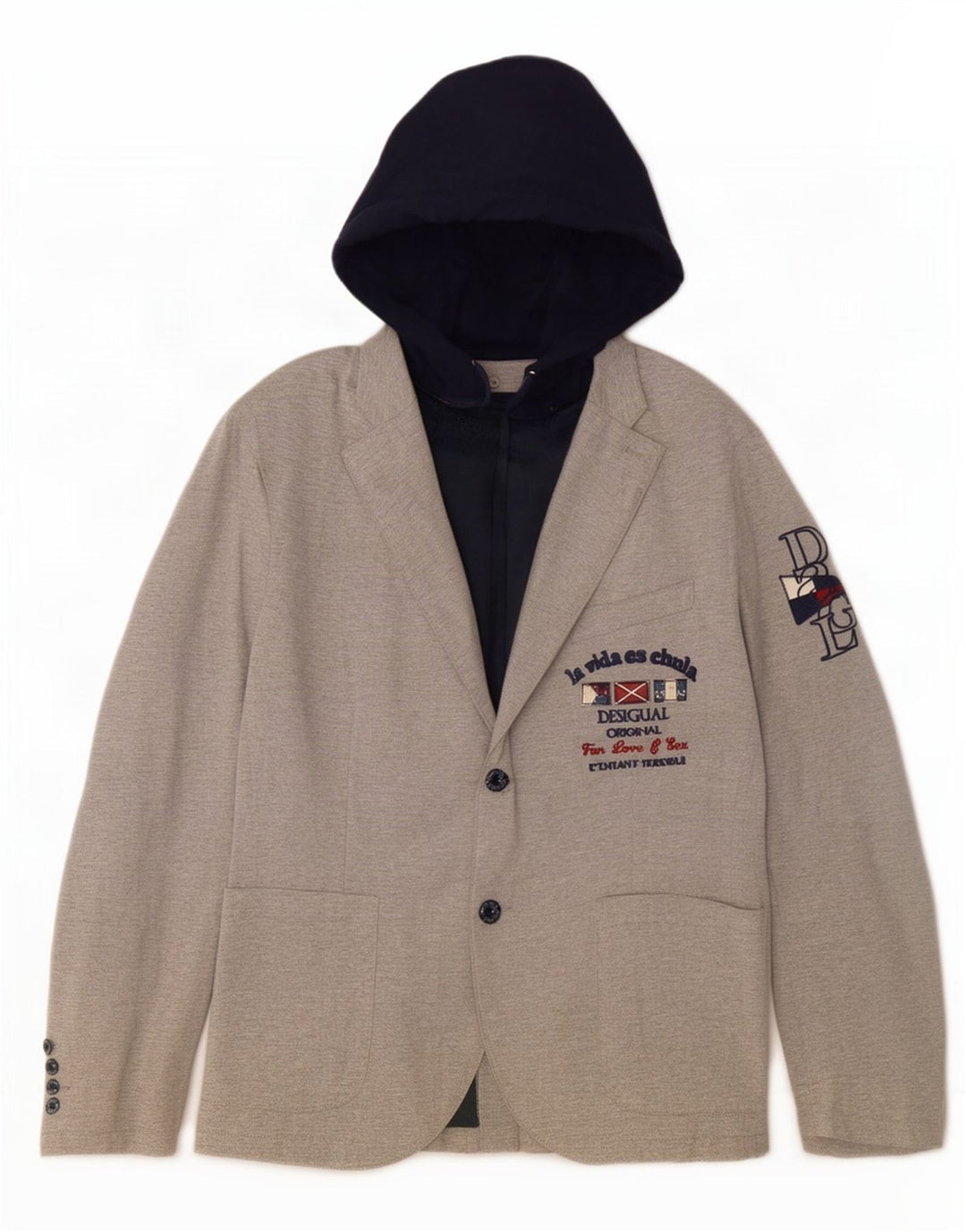 Desigual Giacca blazer da uomo a 2 bottoni con cappuccio UK 48 4XL Grigio Colourblock