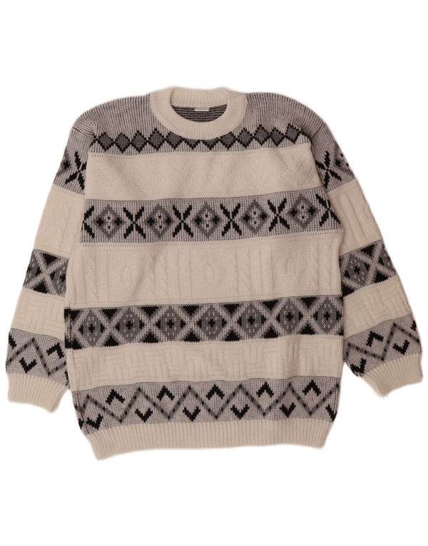Maglione girocollo da uomo VINTAGE grande bianco Fair Isle