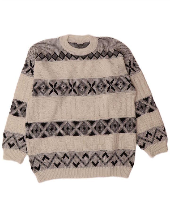 Maglione girocollo da uomo VINTAGE grande bianco Fair Isle