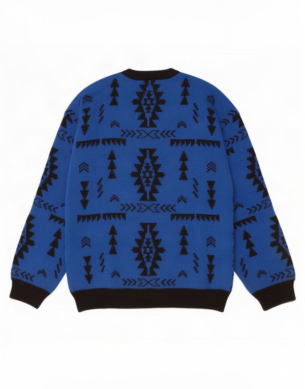 Vintage Mens Crew Neck Jumper Sweater XL Blue Geometric Wool