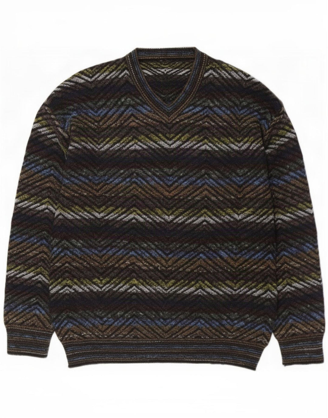 Maglione vintage da uomo con scollo a V grande motivo geometrico multicolore