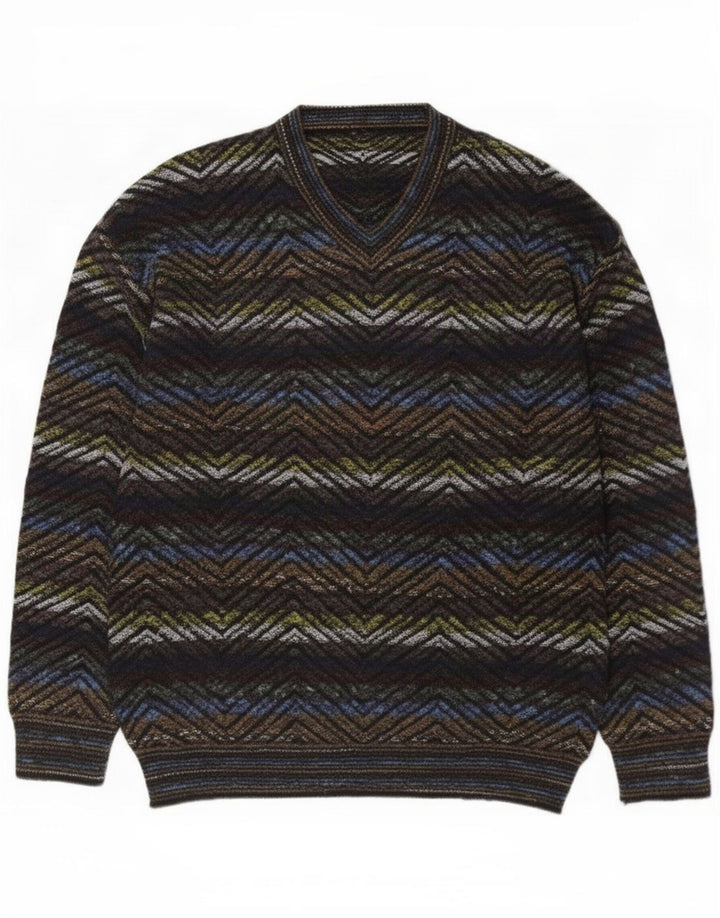 Maglione vintage da uomo con scollo a V grande motivo geometrico multicolore