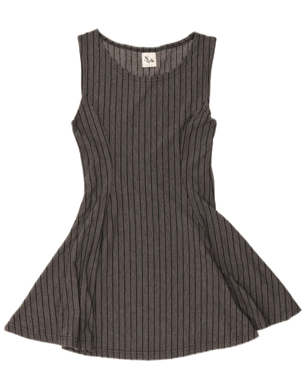 Abito vintage da donna senza maniche a trapezio UK 8 piccolo grigio a righe