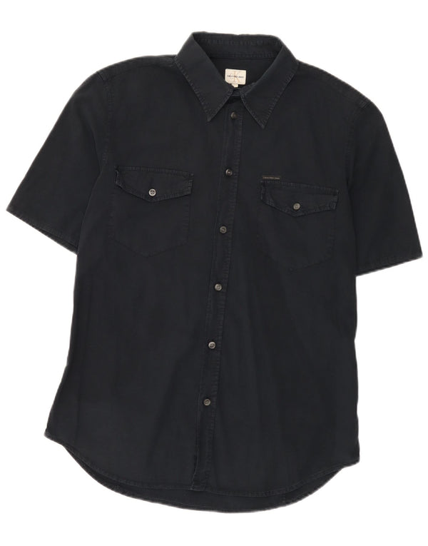 Camicia a maniche corte da uomo Calvin Klein Jeans Large in cotone blu navy
