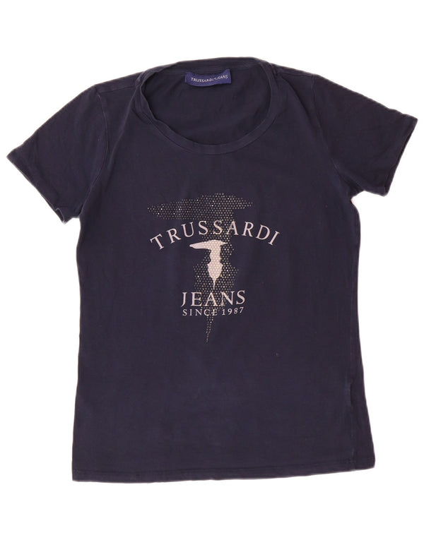 TRUSSARDI JEANS T-shirt grafica da donna Top UK 12 Medium Navy Blue