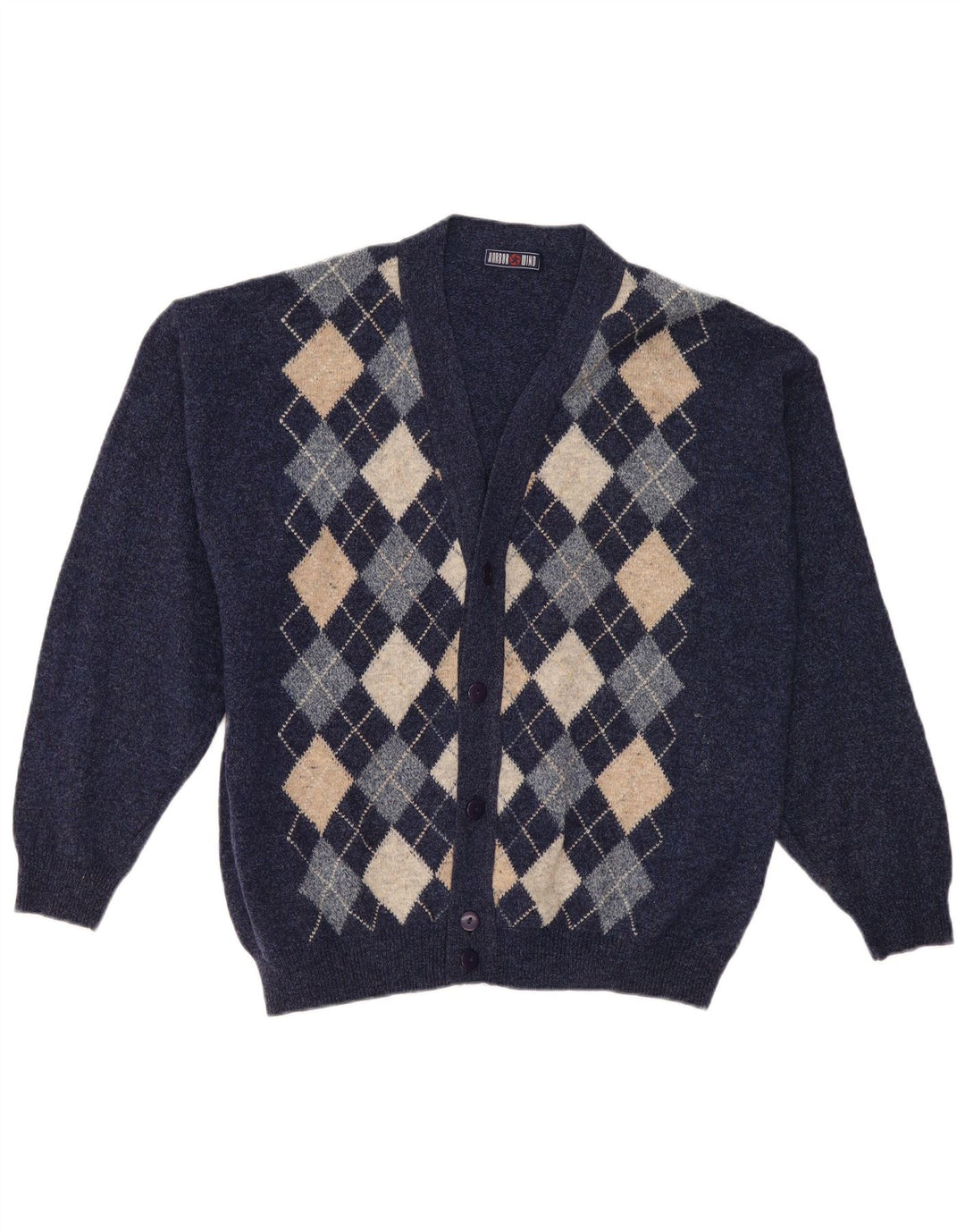 Maglione cardigan da uomo vintage XL blu navy a rombi/lana diamante