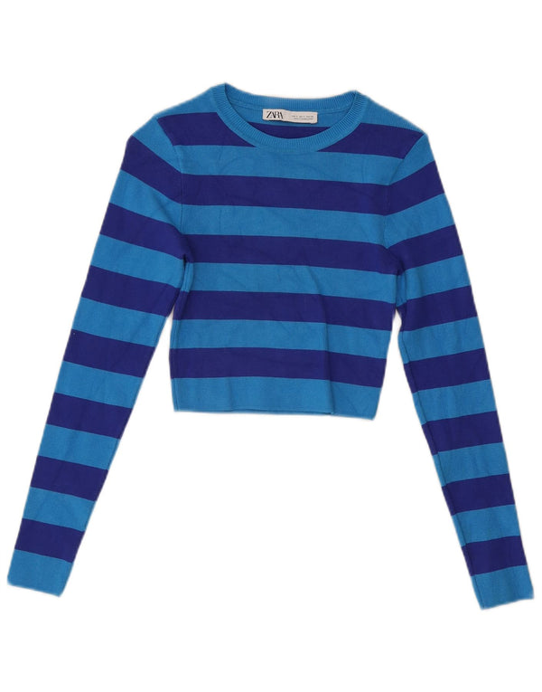 Zara Top corto a maniche lunghe da donna a maniche lunghe UK 8 Small Blue Striped