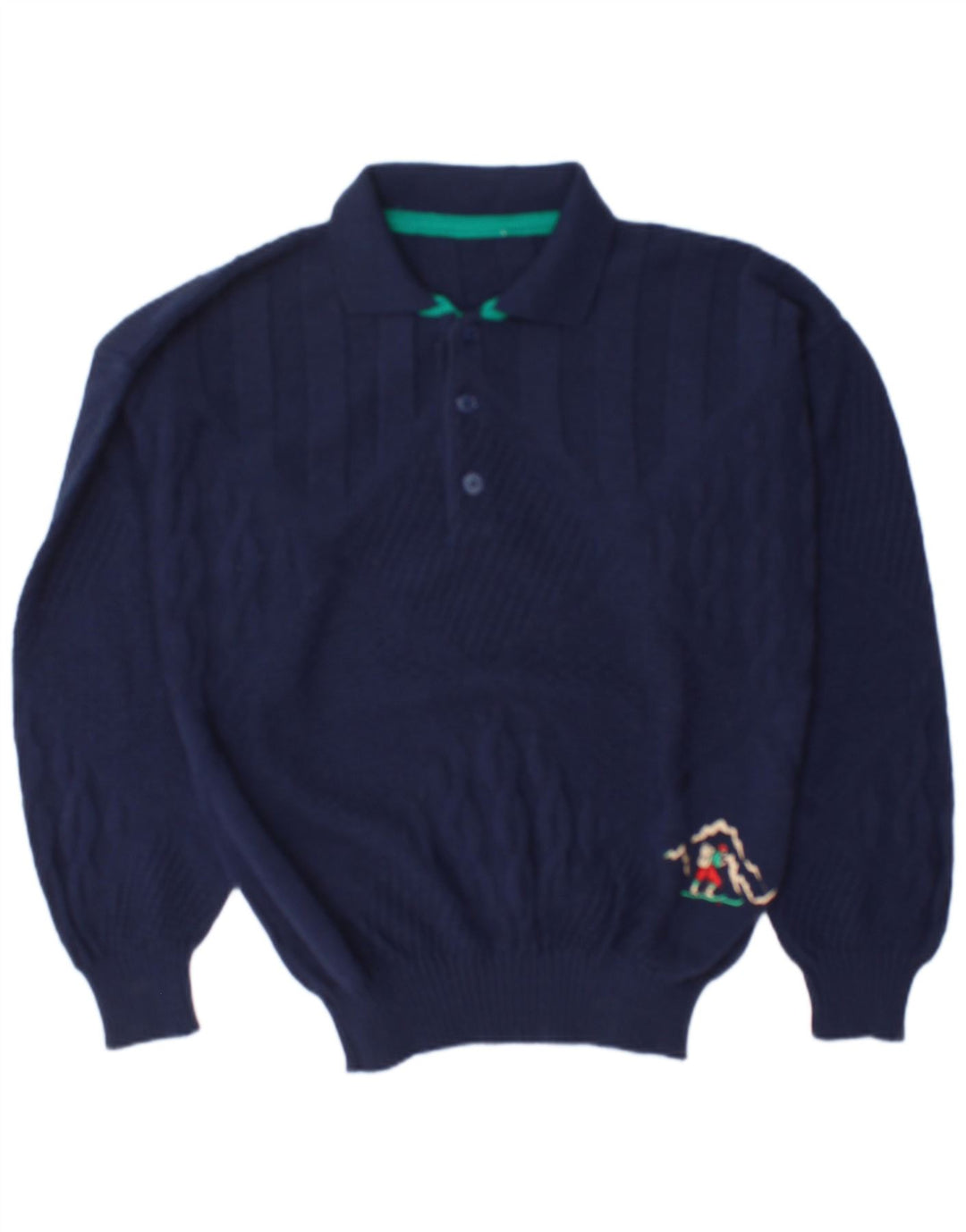 Maglione vintage da uomo con collo a polo, grande, in lana blu navy