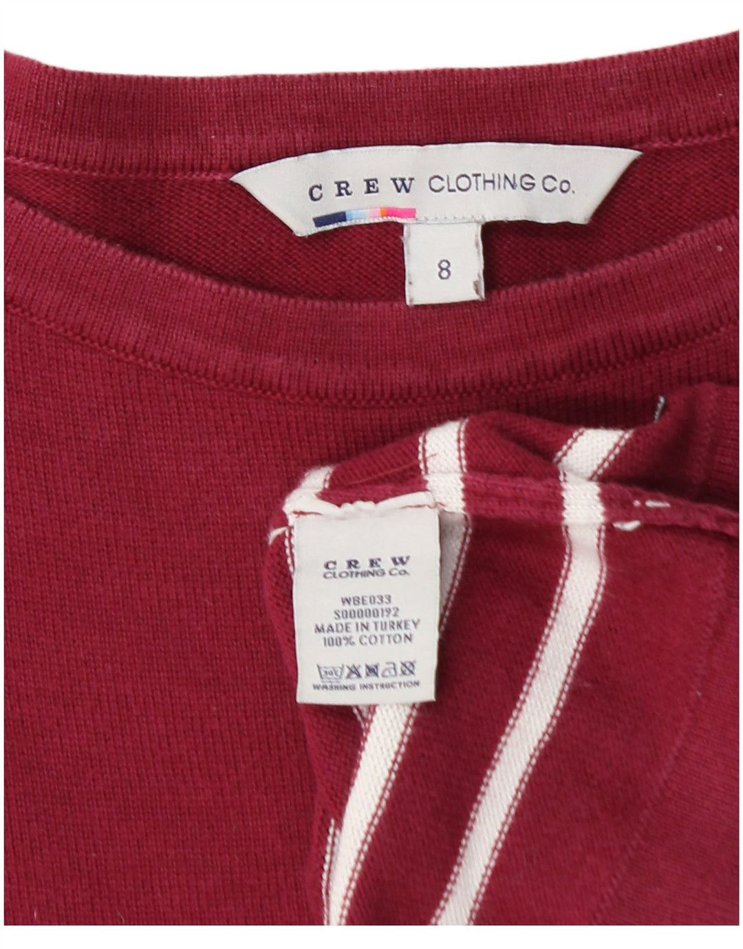 CREW CLOTHING Abito maglione da donna UK 8 Piccolo cotone a righe bordeaux