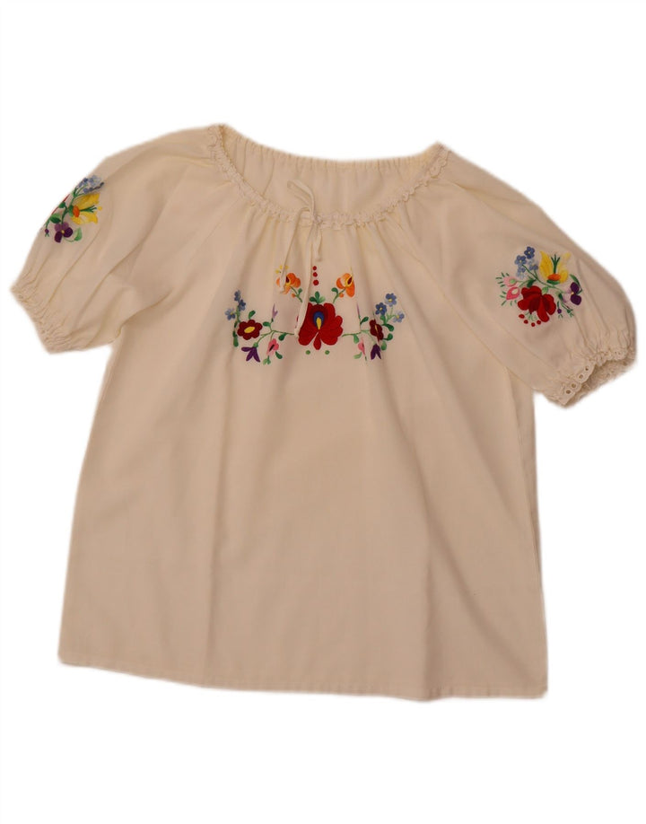 Top camicetta da donna VINTAGE UK 16 grande floreale bianco sporco