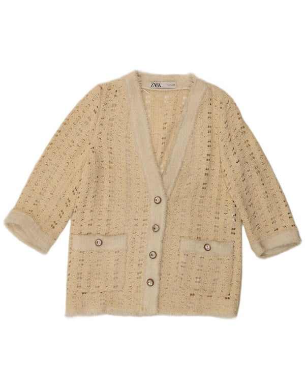 Maglione cardigan all'uncinetto con maniche a 3/4 Zara da donna UK 16 grande cotone beige