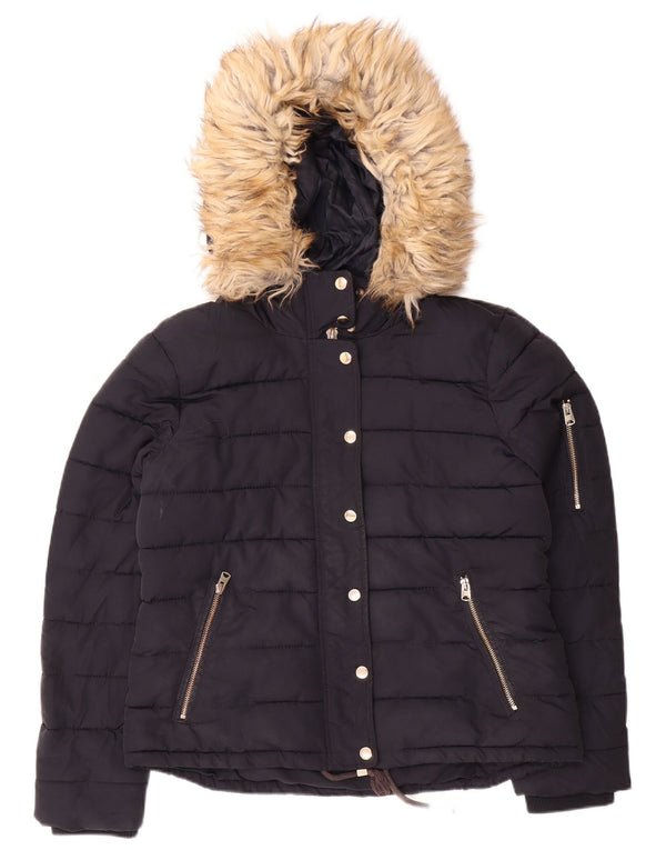 Giacca imbottita corta con cappuccio da donna Topshop UK 14 poliestere medio blu navy