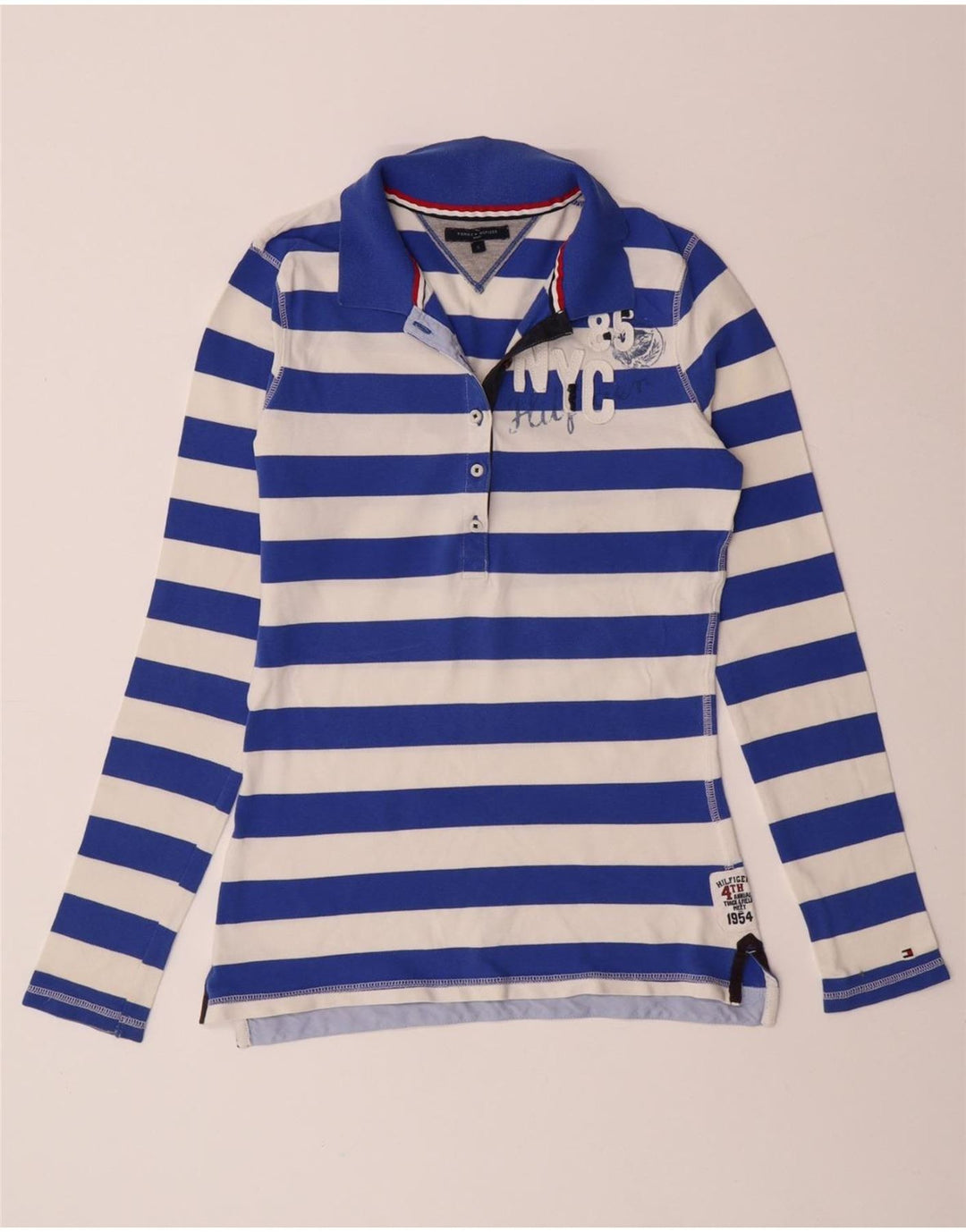 TOMMY HILFIGER Polo da rugby grafica da donna UK 10 piccola a righe blu