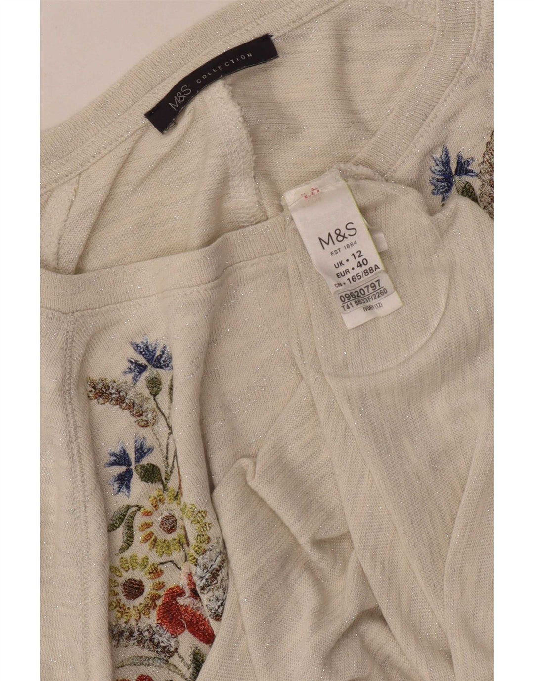 Marks & Spencer Top grafico da donna manica 3/4 UK 12 medio bianco sporco floreale