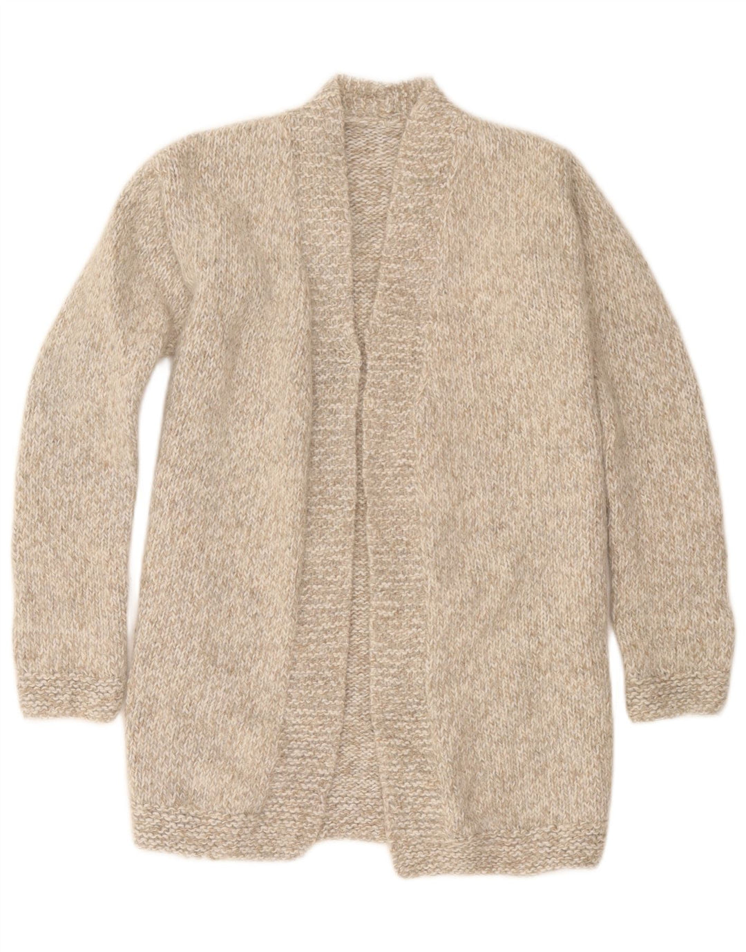 Maglione cardigan aperto con linea lunga da donna vintage UK 8 piccolo beige screziato