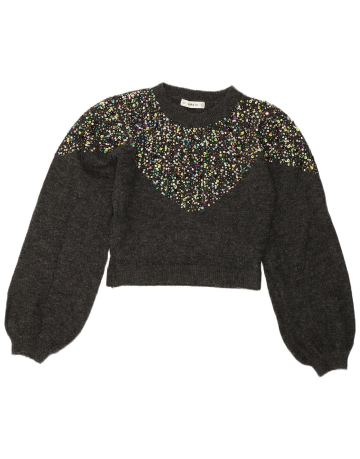 ZARA Womens Crop Crew Neck Jumper Sweater UK 14 Medium Grey Spotted