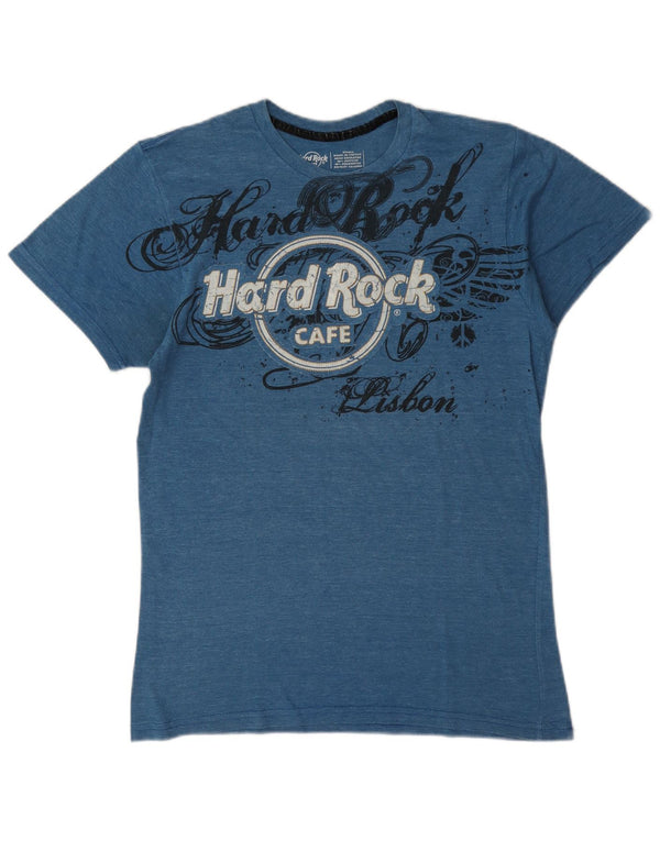 T-shirt grafica da donna Hard Rock Cafe Lisbona Top UK 10 piccola blu chiazzata