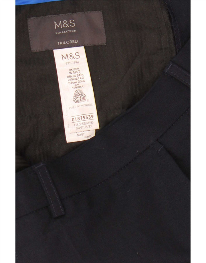 Pantaloni da abito dritti sartoriali da uomo Marks & Spencer W34 L33 lana blu navy