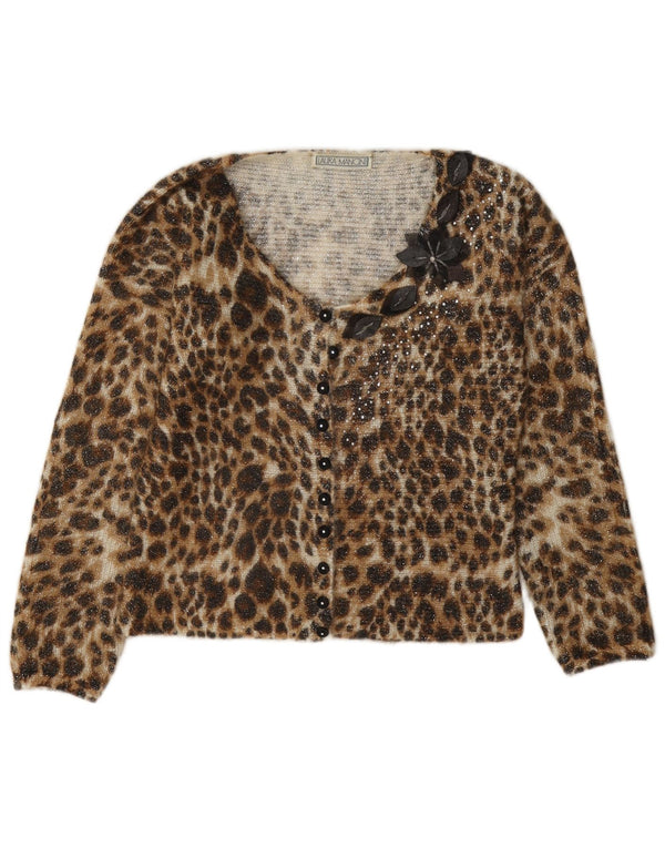 Maglione cardigan da donna vintage UK 10 piccola stampa animalier marrone
