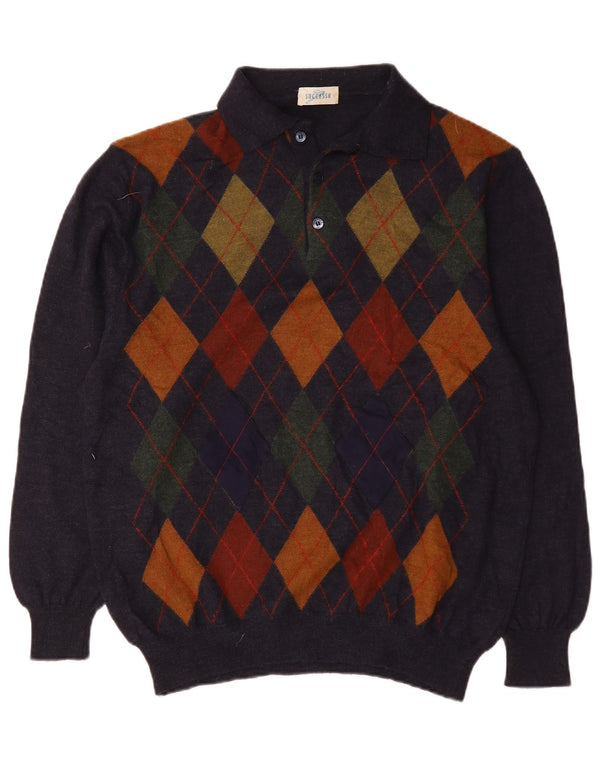 Maglione vintage da uomo con collo alto, grande blu navy a rombi/diamante