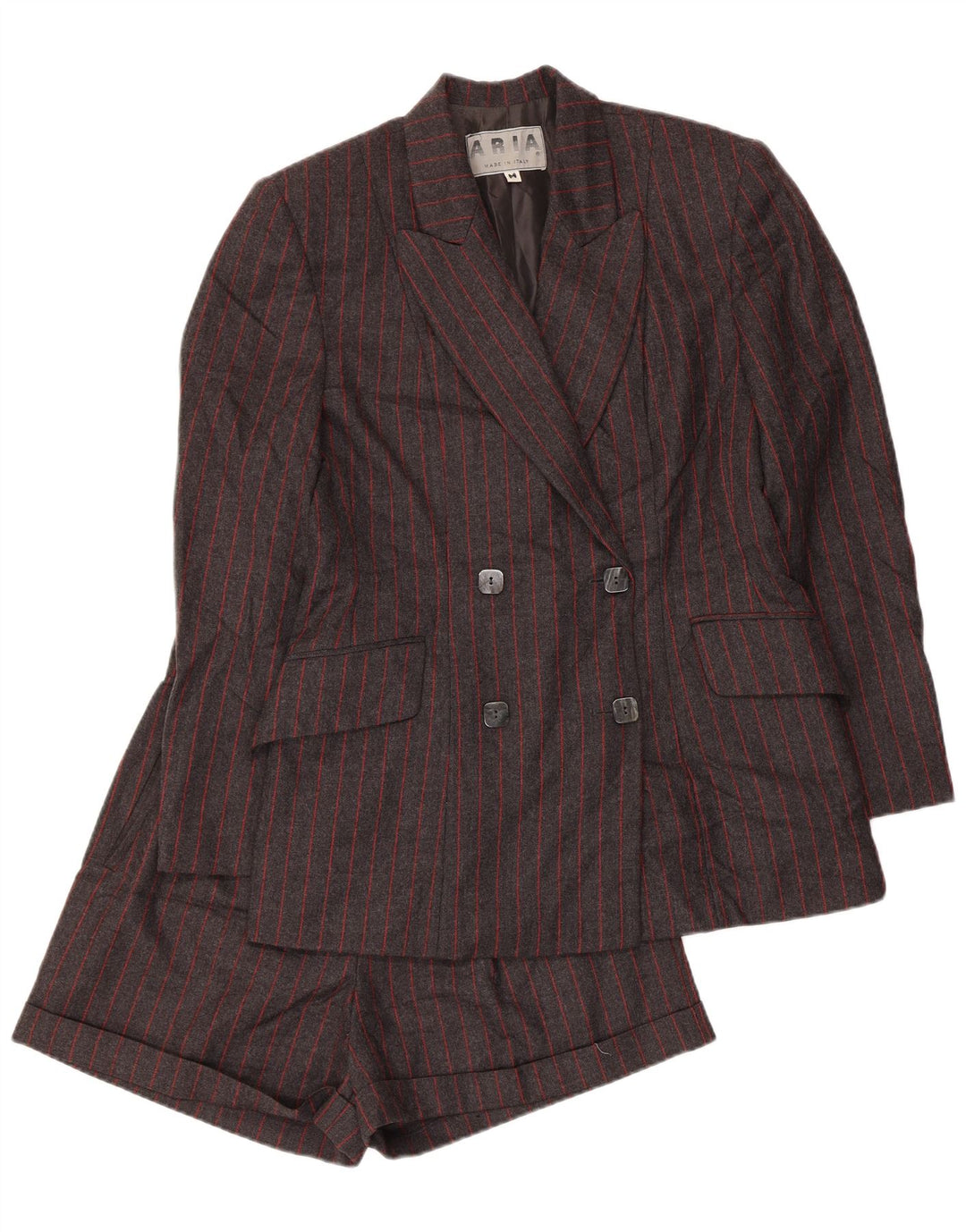 Set da 2 pezzi doppio petto da donna Aria UK 14 medio W26 lana a righe grigie