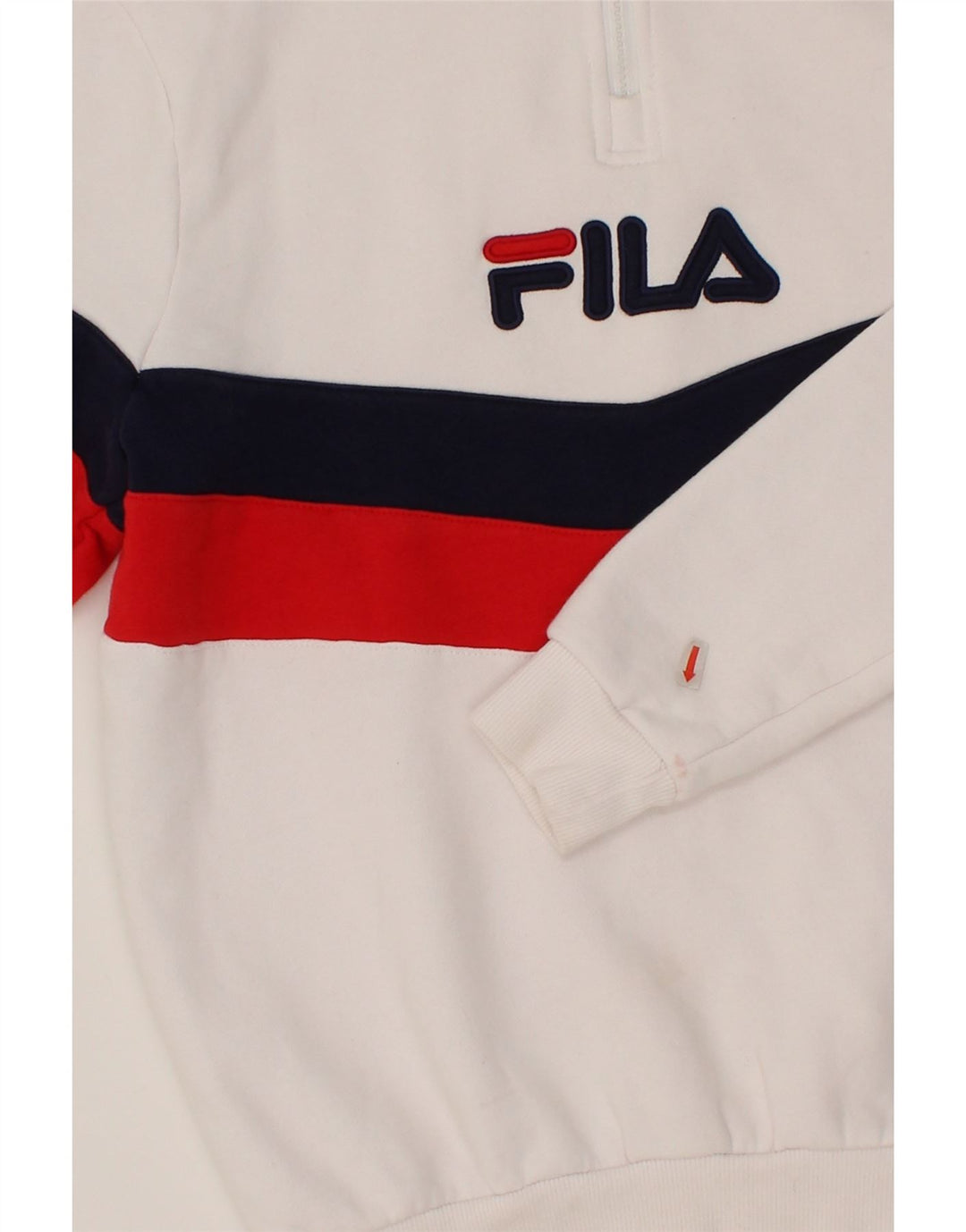 FILA Womens Oversized Graphic Zip Neck Sweatshirt Jumper UK 2 2XS White Vintage Fila and Second-Hand Fila from Messina Hembry 