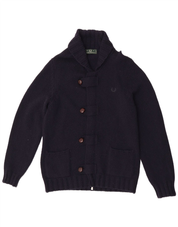 Maglione cardigan da uomo Fred Perry grande in lana blu navy