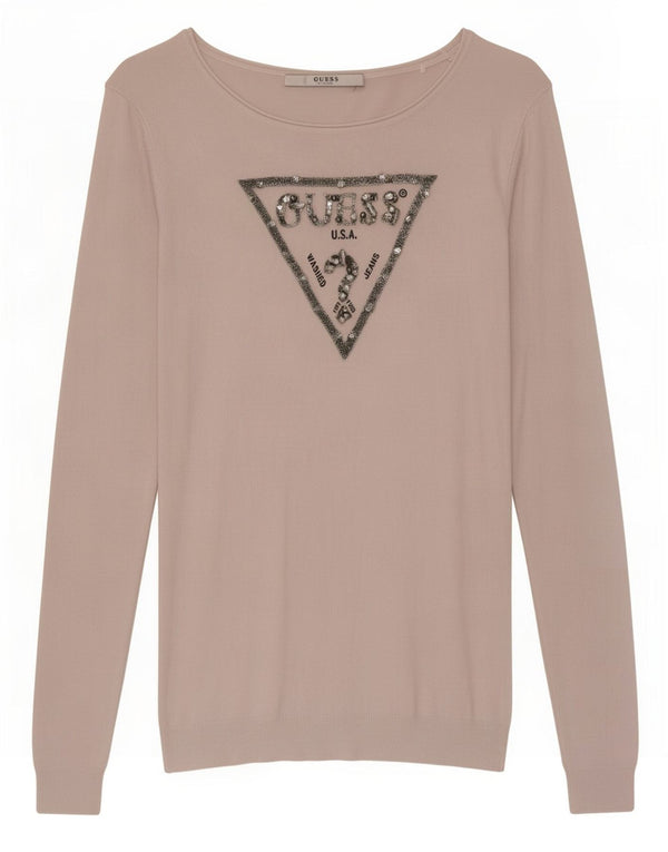 Guess Maglione da donna con scollo a barchetta con grafica UK 8 Small Rosa