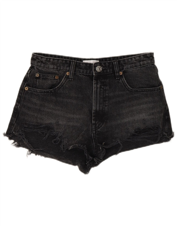 Pantaloncini in denim invecchiato da donna Zara EU 38 piccoli W28 cotone nero