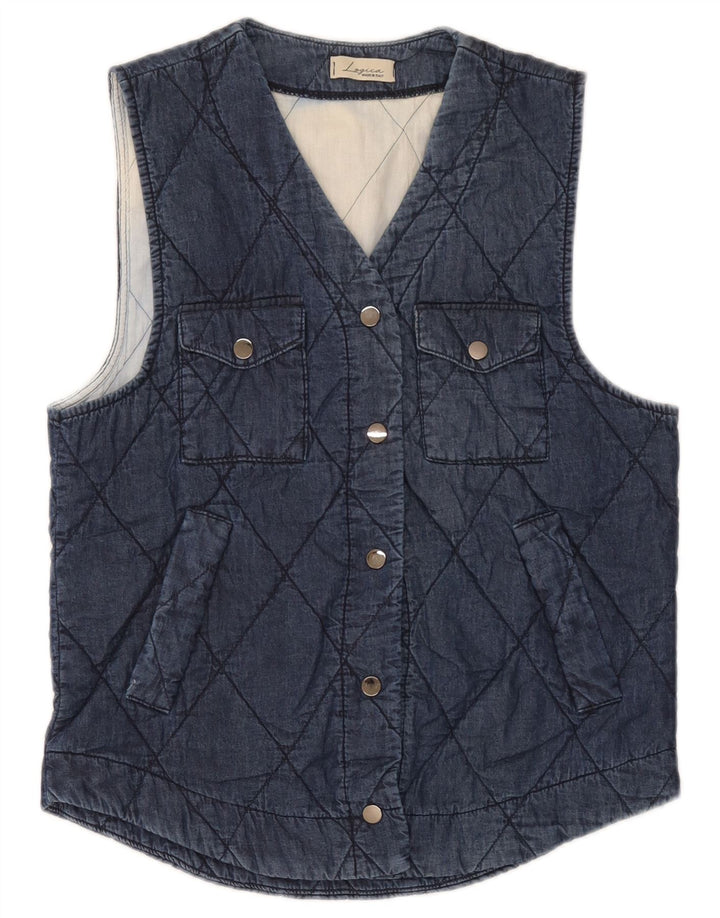 Gilet trapuntato da donna vintage UK 12 medio cotone blu navy
