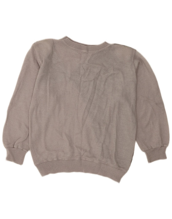 Maglione maglione girocollo da donna vintage UK 14 Acrilico a strisce grigio medio