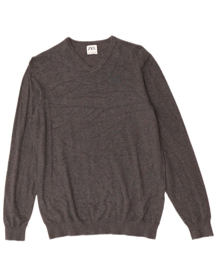 Maglione Zara da uomo con scollo a V piccolo in viscosa grigia