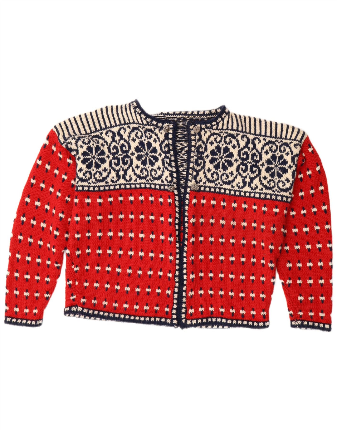 Maglione cardigan aperto da donna VINTAGE UK 18 XL Rosso Fair Isle