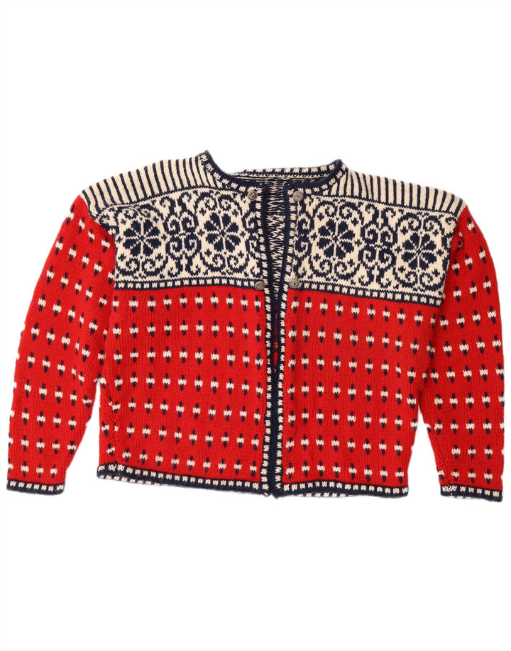 Maglione cardigan aperto da donna VINTAGE UK 18 XL Rosso Fair Isle