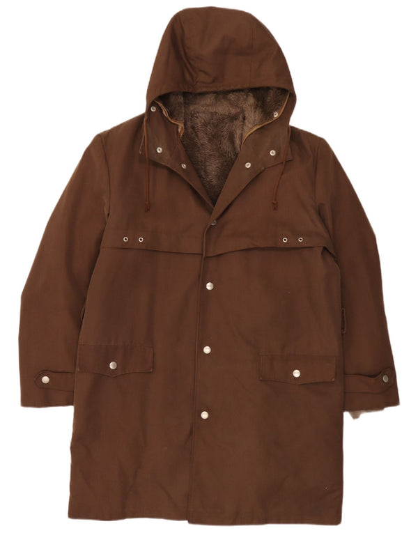 Giacca parka sherpa vintage da uomo con cappuccio UK 40 grande marrone in poliacrilico