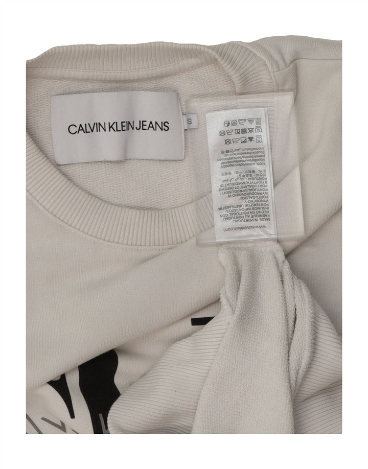 CALVIN KLEIN JEANS Womens Graphic Sweatshirt Jumper UK 10 Small White Vintage Calvin Klein Jeans and Second-Hand Calvin Klein Jeans from Messina Hembry 