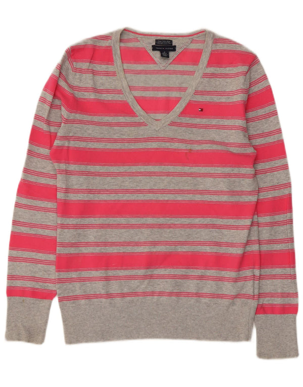 TOMMY HILFIGER Maglione da donna con scollo a V UK 12 a righe rosa medio