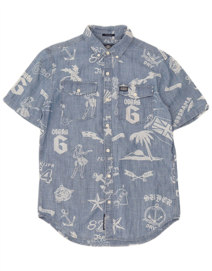 Camicia a maniche corte grafica da uomo Regular Fit Superdry Small in cotone blu