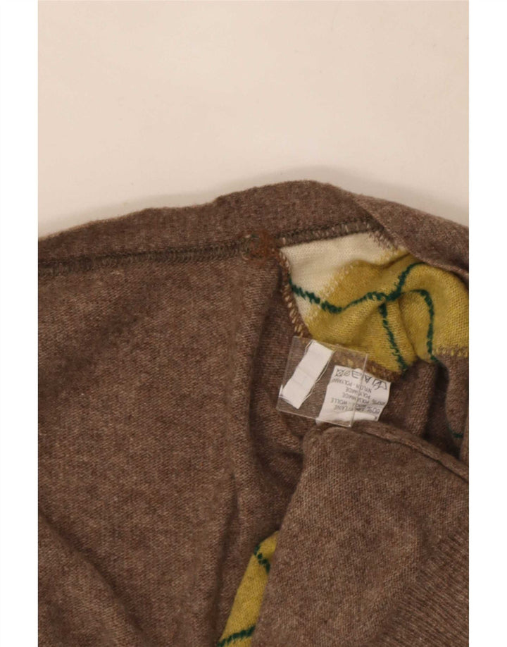 Maglione cardigan senza maniche vintage da uomo grande lana marrone a rombi/diamante